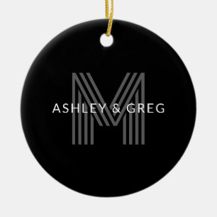 Retro Modern Name/s Editable Monogram Black & Grey Ceramic Tree Decoration