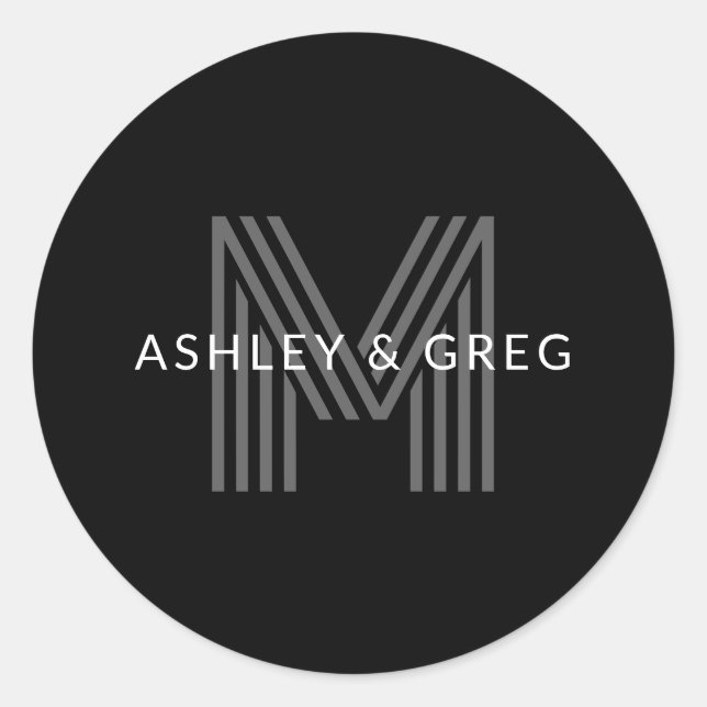 Retro Modern Name/s Editable Monogram Black & Grey Classic Round Sticker (Front)