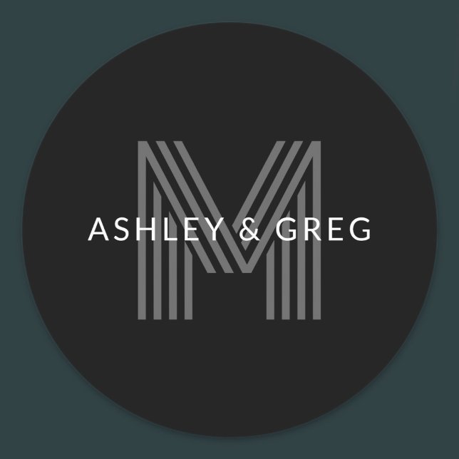 Retro Modern Name/s Editable Monogram Black & Grey Classic Round Sticker (Creator Uploaded)