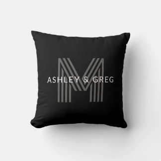 Retro Modern Name/s Editable Monogram Black & Grey Cushion