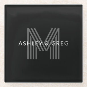 Retro Modern Name/s Editable Monogram Black & Grey Glass Coaster