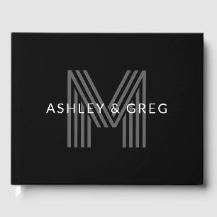 Retro Modern Name/s Editable Monogram Black & Grey Guest Book