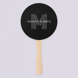 Retro Modern Name/s Editable Monogram Black & Grey Hand Fan