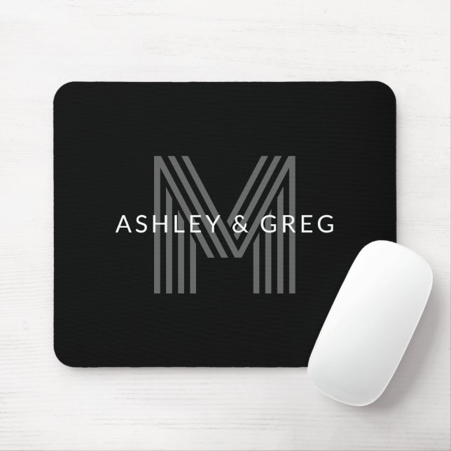 Retro Modern Name/s Editable Monogram Black & Grey Mouse Pad (With Mouse)