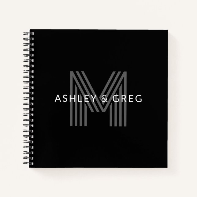 Retro Modern Name/s Editable Monogram Black & Grey Notebook (Front)