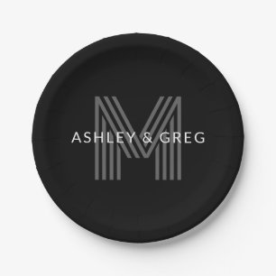 Retro Modern Name/s Editable Monogram Black & Grey Paper Plate