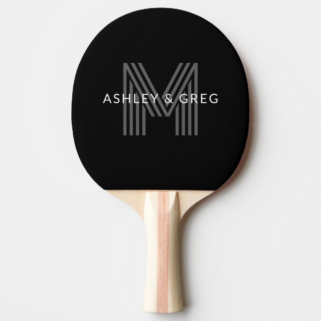 Retro Modern Name/s Editable Monogram Black & Grey Ping Pong Paddle (Front)