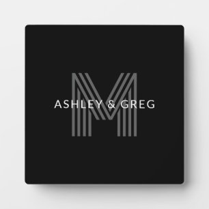Retro Modern Name/s Editable Monogram Black & Grey Plaque