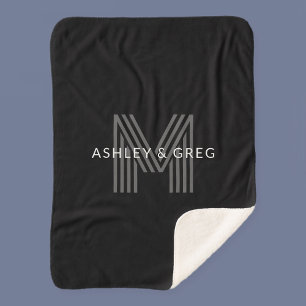 Retro Modern Name/s Editable Monogram Black & Grey Sherpa Blanket