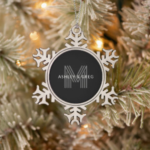Retro Modern Name/s Editable Monogram Black & Grey Snowflake Pewter Christmas Ornament