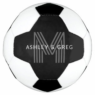 Retro Modern Name/s Editable Monogram Black & Grey Soccer Ball