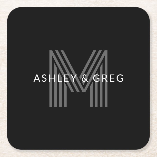Retro Modern Name/s Editable Monogram Black & Grey Square Paper Coaster (Front)