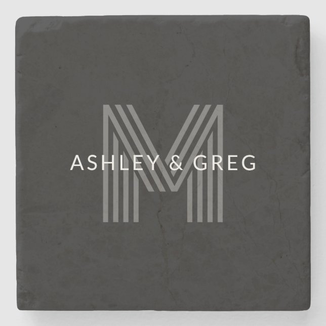 Retro Modern Name/s Editable Monogram Black & Grey Stone Coaster (Front)