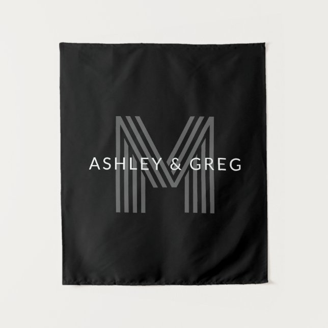 Retro Modern Name/s Editable Monogram Black & Grey Tapestry (Front)