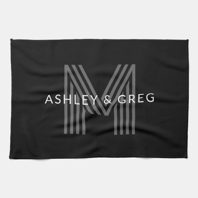 Retro Modern Name/s Editable Monogram Black & Grey Tea Towel (Horizontal)