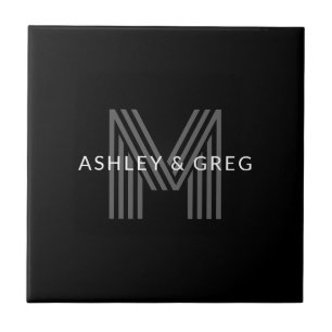 Retro Modern Name/s Editable Monogram Black & Grey Tile
