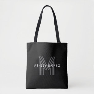 Retro Modern Name/s Editable Monogram Black & Grey Tote Bag