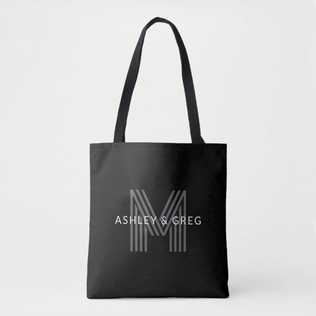 Retro Modern Name/s Editable Monogram Black & Grey Tote Bag (Front)