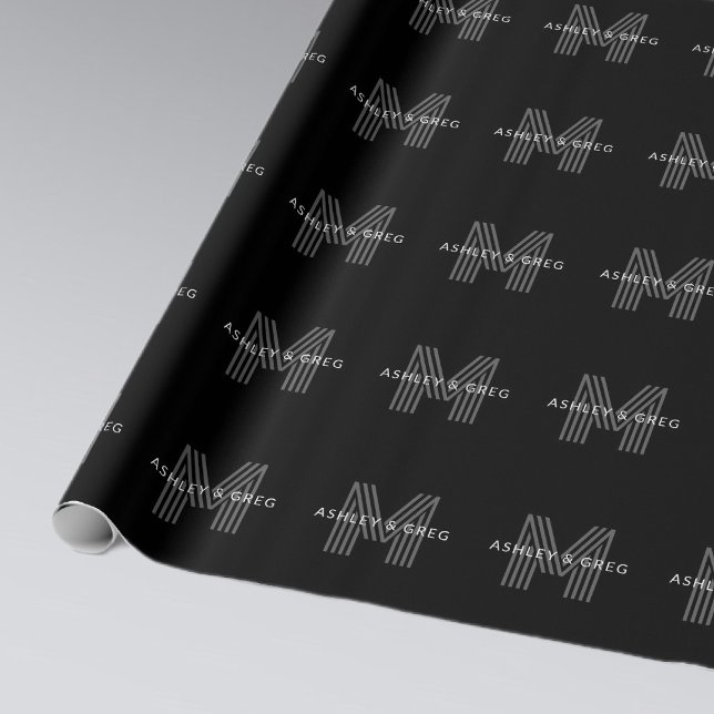 Retro Modern Name/s Editable Monogram Black & Grey Wrapping Paper (Creator Uploaded)