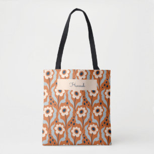 Retro Modern Orange Egg Flowers Custom Name Tote Bag
