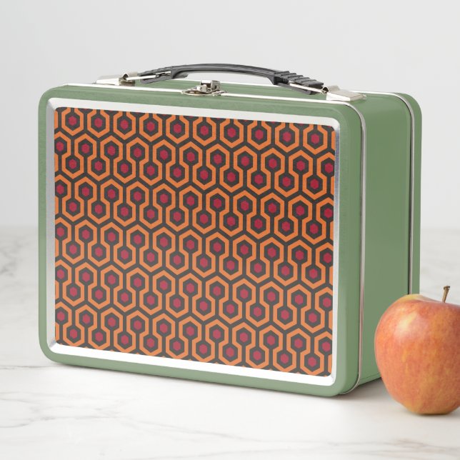 Retro Modern Orange Red Brown Hexagon Pattern Metal Lunch Box (In Situ)