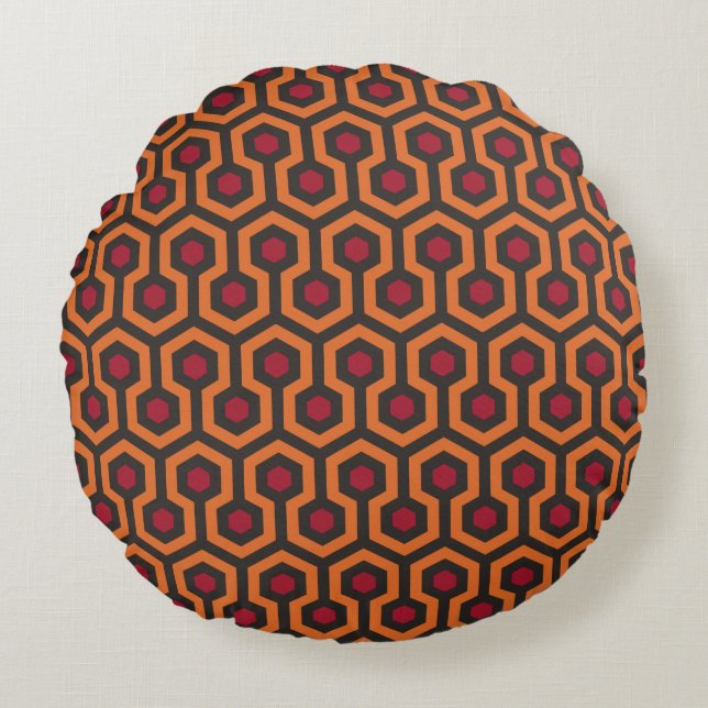 Retro Modern Orange Red Brown Hexagon Pattern Round Cushion (Front)