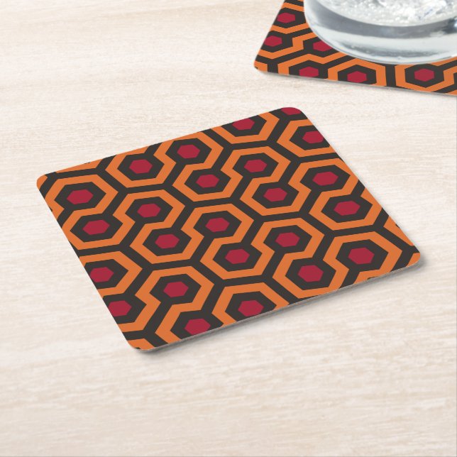 Retro Modern Orange Red Brown Hexagon Pattern Square Paper Coaster (Angled)