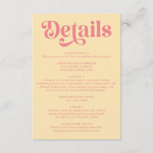 Retro Modern Pink and Yellow Wedding Details Enclosure Card
