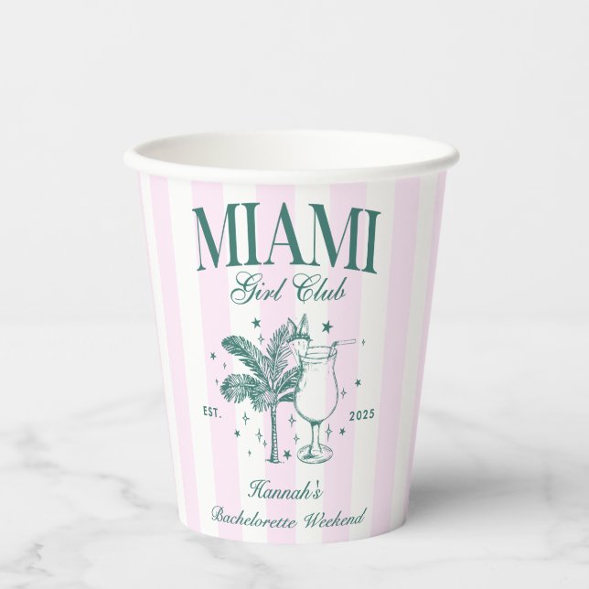 Retro Modern Pink & Green Miami Bachelorette Party Paper Cups (Front)