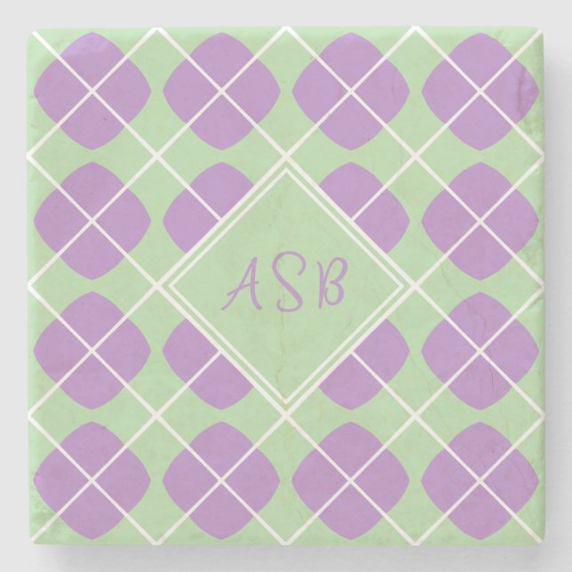 Retro Modern Purple Green Argyle Monogram Stone Coaster (Front)