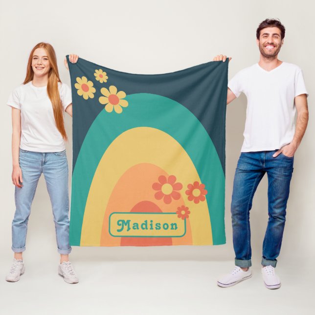 Retro Modern Rainbow Daisy Name Fleece Blanket (In Situ)