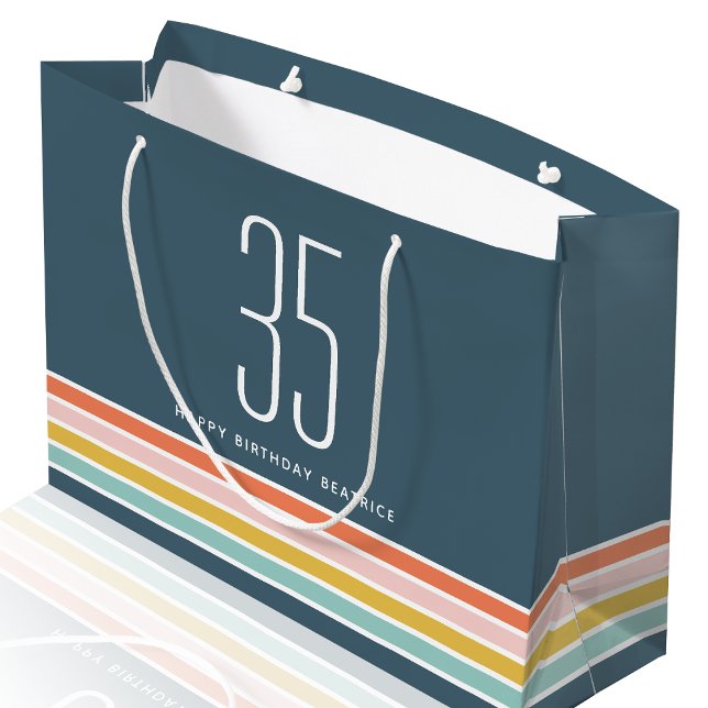 Retro Modern Rainbow Stripes Birthday 35th Large Gift Bag (Creator Uploaded)