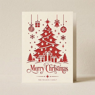 Retro Modern Red Christmas Tree Folded Greeting Holiday Card