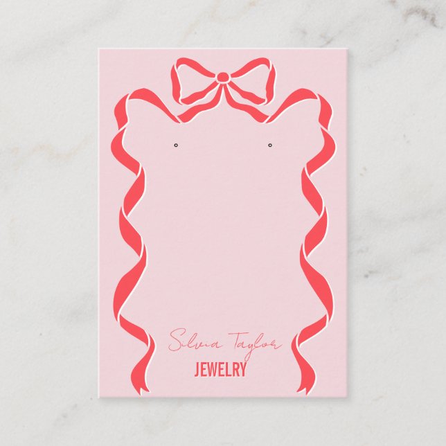 retro modern red pink bow ribbon earring display business card (Front)