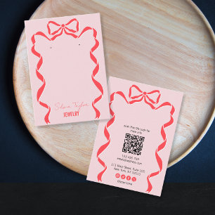 retro modern red pink bow ribbon earring QR code Business Card
