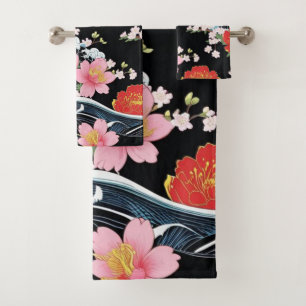 Retro Modern Seigaiha Sakura Flowers Japan party Bath Towel Set
