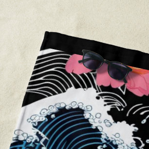 Retro Modern Seigaiha Sakura Flowers Japan party Beach Towel