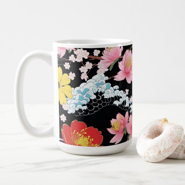 Retro Modern Seigaiha Sakura Flowers Japan party Coffee Mug (With Donut)
