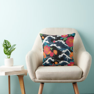 Retro Modern Seigaiha Sakura Flowers Japan party Cushion