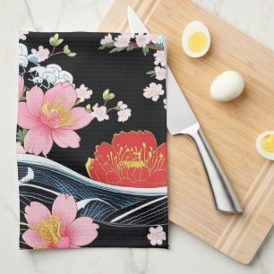 Retro Modern Seigaiha Sakura Flowers Japan party Tea Towel