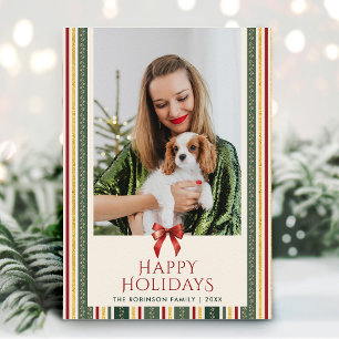 Retro Modern Stripes & Bow Happy Holidays 1 Photo Holiday Card