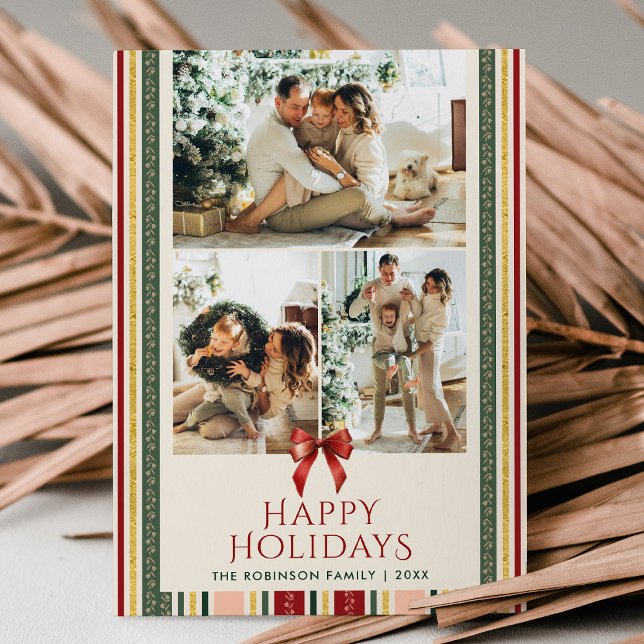 Retro Modern Stripes & Bow Happy Holidays 2 Photo Holiday Card (Creator Uploaded)