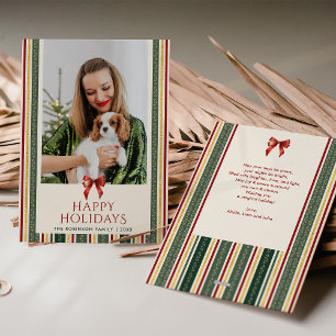Retro Modern Stripes & Bow Merry Christmas 1 Photo Holiday Card
