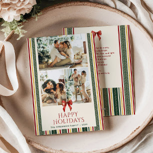 Retro Modern Stripes & Bow Merry Christmas 3 Photo Holiday Card