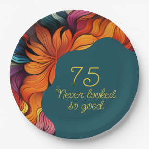 Retro Modern Teal Orange 75th Birthday Paper Plate