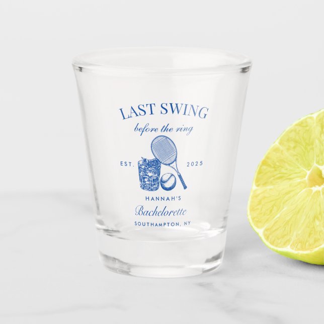 Retro Modern Tennis Bachelorette Weekend Party Shot Glass (Front)