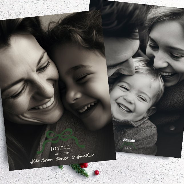 retro modern trendy christmas green bow 2 photo holiday card (Creator Uploaded)