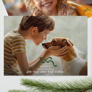retro modern trendy green christmas bow photo holiday card