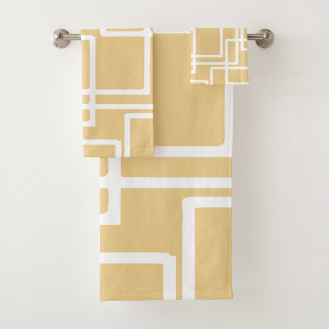 Retro Modern White Rectangles On Camel Bath Towel Set (Insitu)