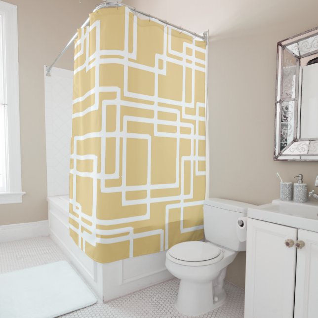 Retro Modern White Rectangles On Camel Shower Curtain (In Situ)